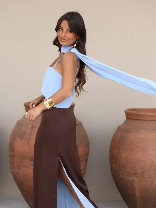 Robe Maxi à bretelles et col écharpe pour femmes, blocage de couleur, bretelles Spaghetti, fente haute, longueur au sol, Robes de soirée pour dames — image 5