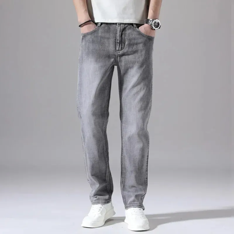 2026 Cotton Stretch Jeans Business Casual Men's Thin Denim Jeans Grey Spring Summer Brand New Fit Straight Lightweight