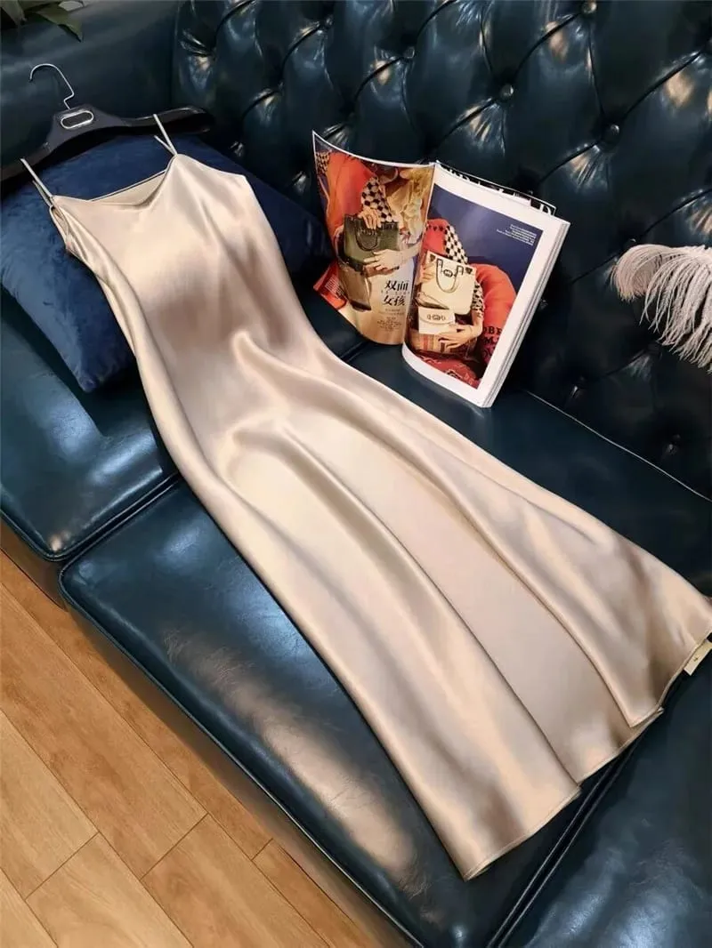 Women Slip Dress Satin Sleeveless V-Neck Solid Silk Elegant Vintage Lady 2026 Summer Female Long Spaghetti Strap Dresses Vestido — image 5