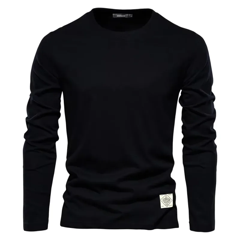 2026New สีทึบผ้าฝ้ายเสื้อคอกลมแขนสั้นผู้ชายลำลองแขนยาวเสื้อสวมหัวหลวมด้านบน — image 4