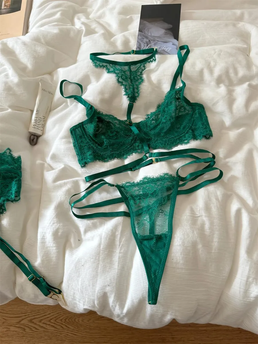 Lace mesh thin section lingerie large breast underwear sexy lace bra set women breathable green romantic bralette — image 5