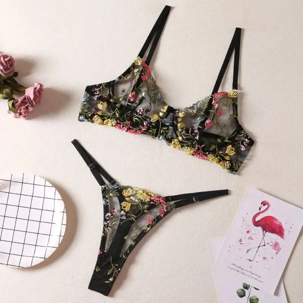 2-Piece Embroidery Lingerie Set Sexy Floral Sheer Wireless Bra Boho Bra Panty Set — image 5