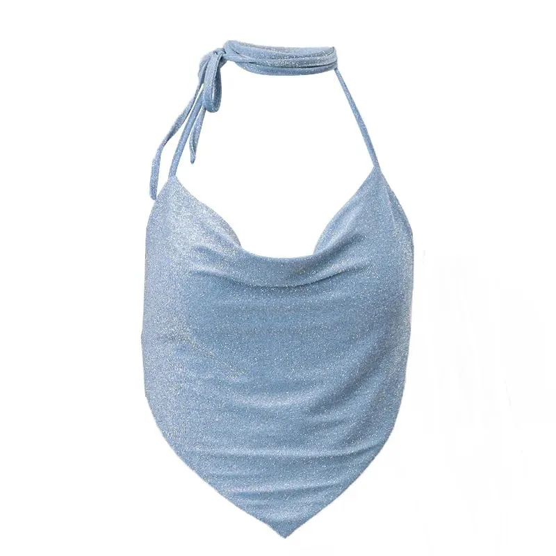 Halter Top Glitter Tanks 2024 Summer Outfits Blue Bright Silk Camis Ruched Top Crop Backless Vests Sexy Tops Cropped Clothes