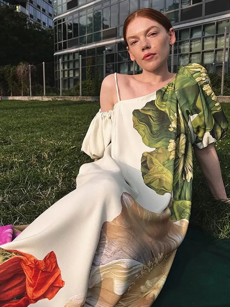 Women's Casual Printed Camisole Dress Fashionable Sloping Collar Off Shoulder Loose Dresses 2025 Summer Street New Outfit — image 1