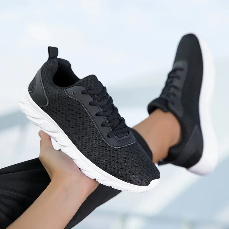 Kasut Olahraga Lelaki Hitam Pejal Jaring Berongga Bahagian Atas Tidak Licin Tapak Ringan Latihan Joging Kasual Perjalanan Harian Luaran Kasut Kaki — image 2