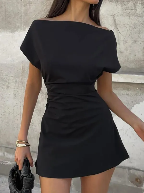 FDEY\n Fashion Chic Solid Skew Collar Slim Fit Women Dresses Mini A-Line Causal Simple Black Short Frocks