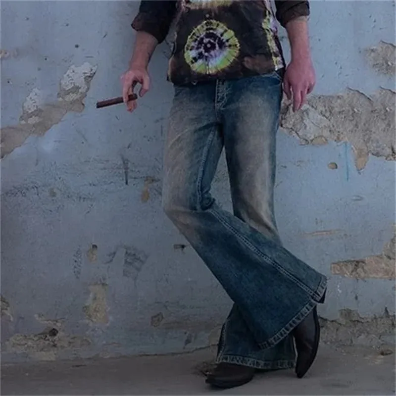 Vintage Men's Big Flared Jeans Male Youth Four Seasons Casual Deep Blue Denim Pants 2023 Fashion High Waist Trousers Streetwear — image 5