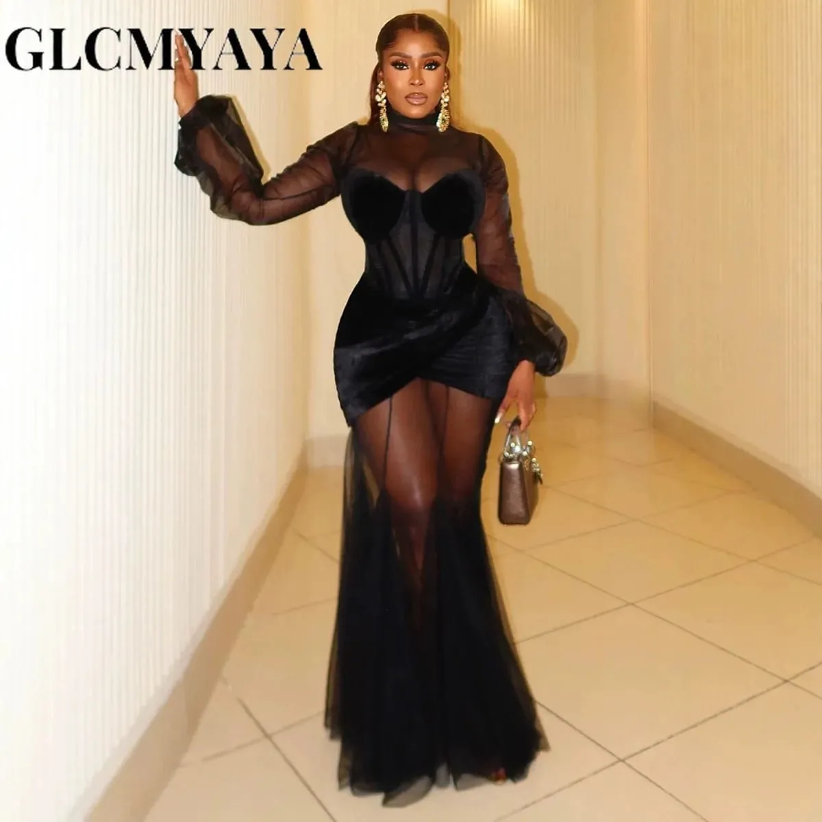 Mesh See Through Women Full Sleeve Velvet Bodycon Long Dress 2025 Fall Birthday Party Evening Prom Maxi Mermaid Dresses — image 3