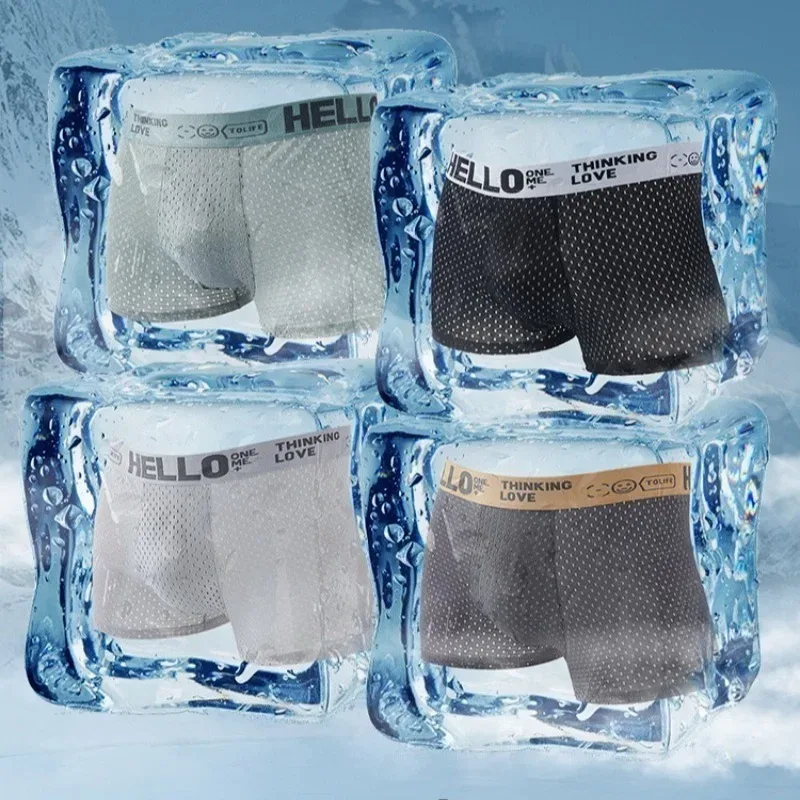 6 bitar av mesh Ice Silk boxningsshorts för herrunderkläder Andas sexig slim fit och sömlösa platta hörnbyxor stor storlek