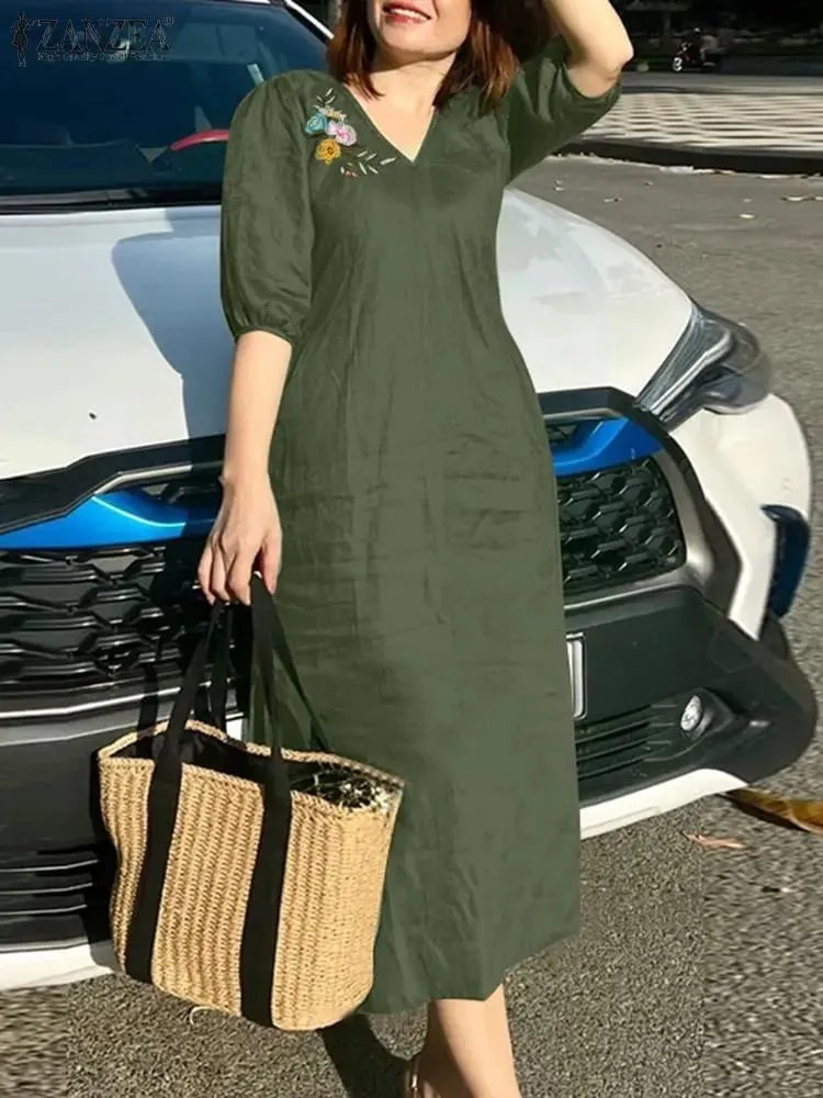 Women V Neck A-line Vestidos Solid Holiday Casual 2024 Summer Dresses Commute Half Sleeve Floral Embroidery Midi Dress — image 3