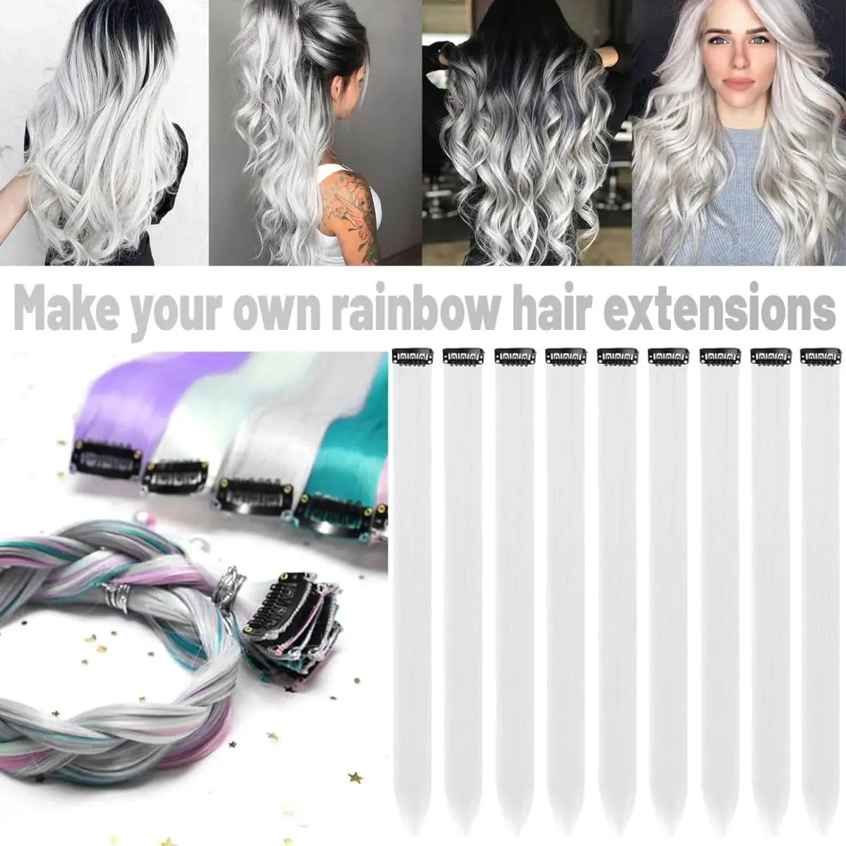Synthetic 10Pcs colorful Hair Extensions Clip in Colored Party Highlights Extension for Kids Girls Long Straight Hairpiece — image 3