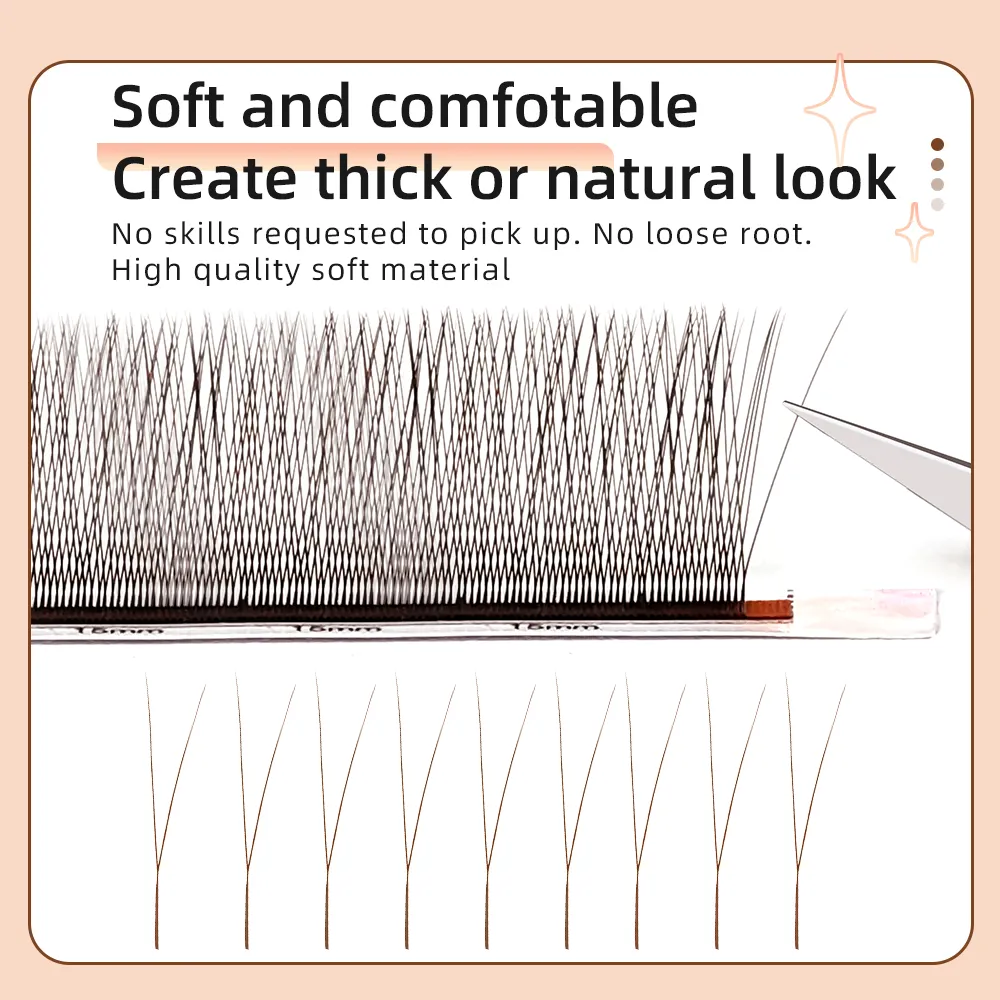 Yelix Brown 2D Y Premade oční řasy Prodlužování řas s jednou špičkou Přirozené Husté Měkké Bez uvolnění Kořen Snadné Fan Salon Lash Cilios Y — image 4