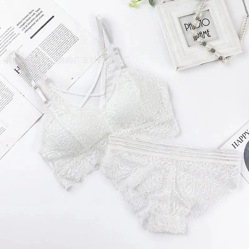 Wire Free Bra Set Lace Top Lingerie Sets Soft Women Bralette Tops Cross Back Underwea Bra and Panty Set Sport Push Up Bilizna