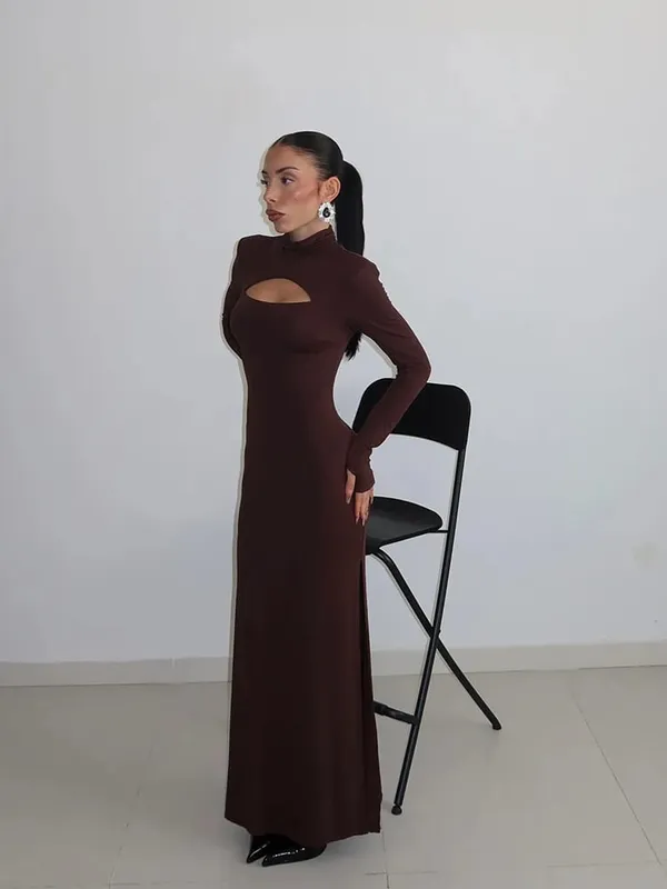 Ahagaga-Vestidos largos sexys para mujer, vestidos lisos de cuello alto, mangas largas regulares, calados, ajustados, ajustados, para fiesta