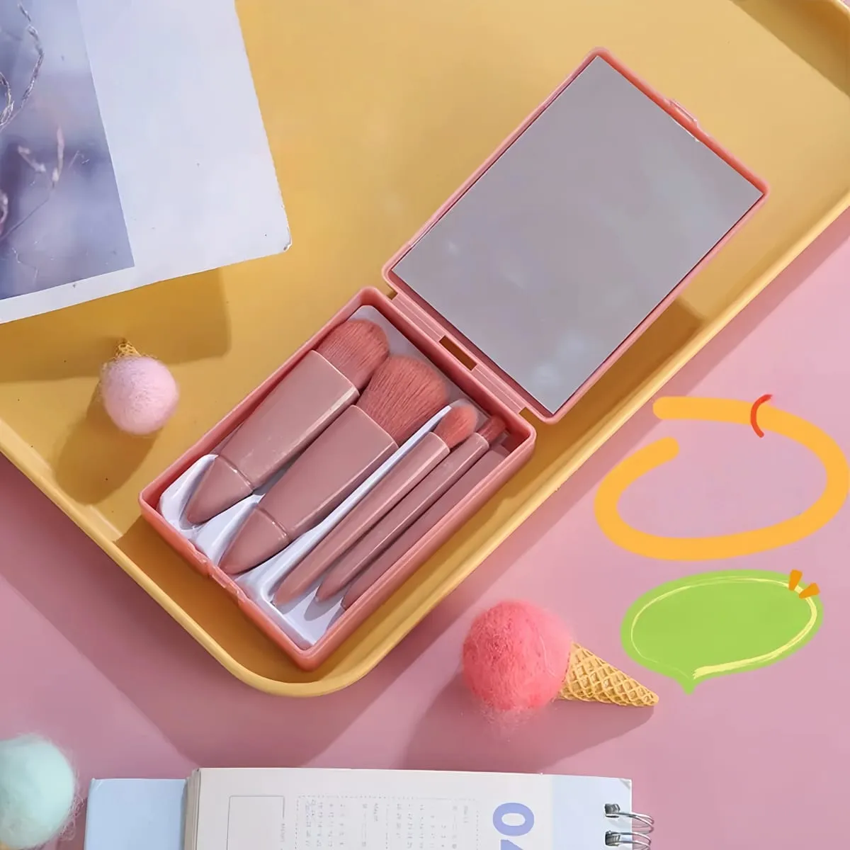 Set Kuas Rias 5 Buah Ramah Perjalanan dengan Cermin Kompak & Kotak Mini Kuas Eyeshadow & Bedak Longgar Serbaguna — image 4