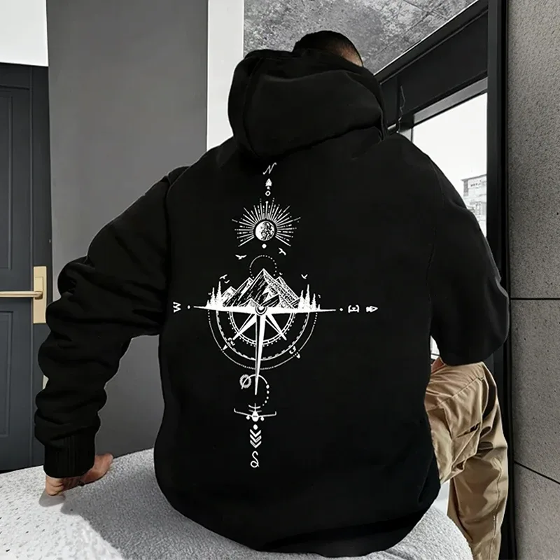 Vintage Compass Print Hoodies for Men High Quality Hooded Long Sleeve Pullover All Season Daily Casual Sports Tops Men's Clothes — image 4