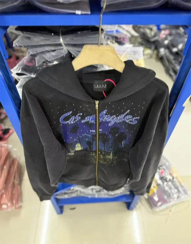 False Rhinestone Starry Sky Pattern Print Washed Zipper Loose Hoodie Street Casual Cotton Versatile Sports Trendy Sweatshirt — image 15