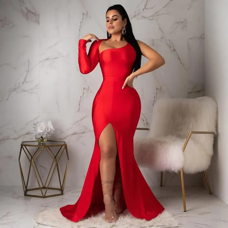 Spring Fall Longuette Long-sleeved Elastic Force Single Sleeve Slim Long Women's Dress