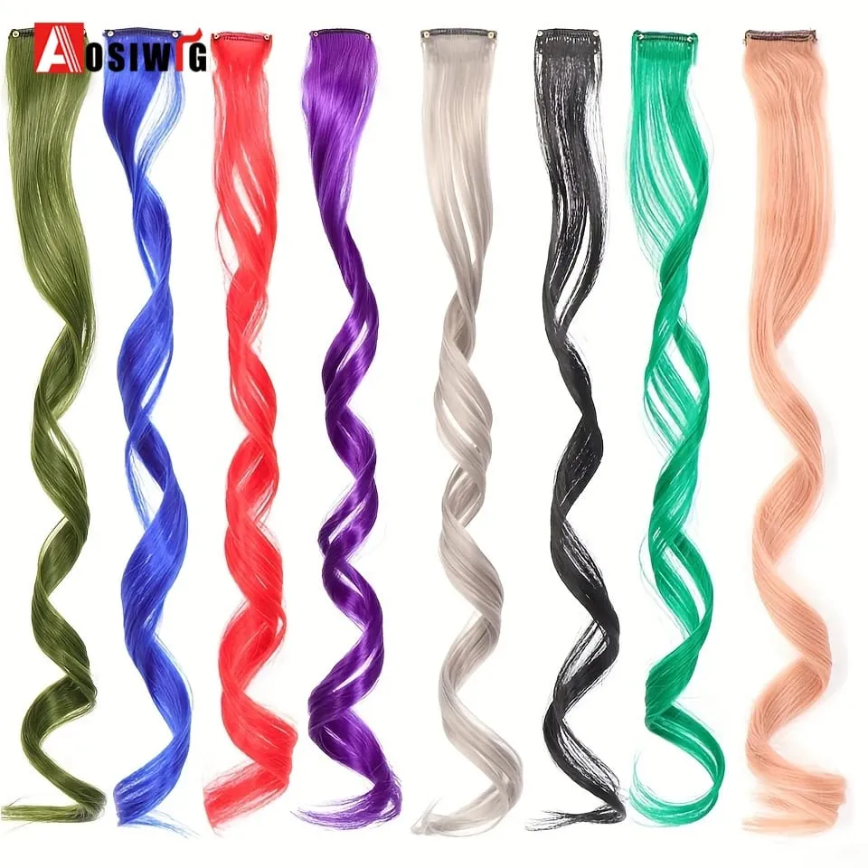 22" Synthetic Long Straight Rainbow Highlight Colored Hair Extensions Clip In One Piece Ombre Pink Purple Green Yellow For Wome — image 6