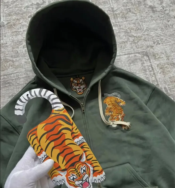 Y2K Tiger Claw Embroidery Vintage Double Zipper Loose Hoodie Sweatshirt untuk Lelaki dan Wanita Harajuku Trendy Kasual Street Style