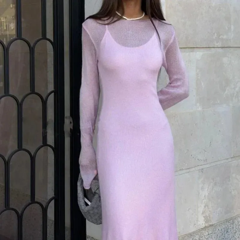 Spring Autumn O-Neck Elastic Knit Long Dresses Women 2024 Elegant Chic Soft Lady Hollowing Sweater Dresses Femme New — image 4