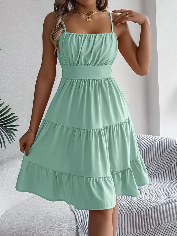 Casual Vacation Ruffled Camisole Dress Spring Summer Women's Solid Dresses for 2026 Valentine's Day Woman Clothing Pink Blue — image 8