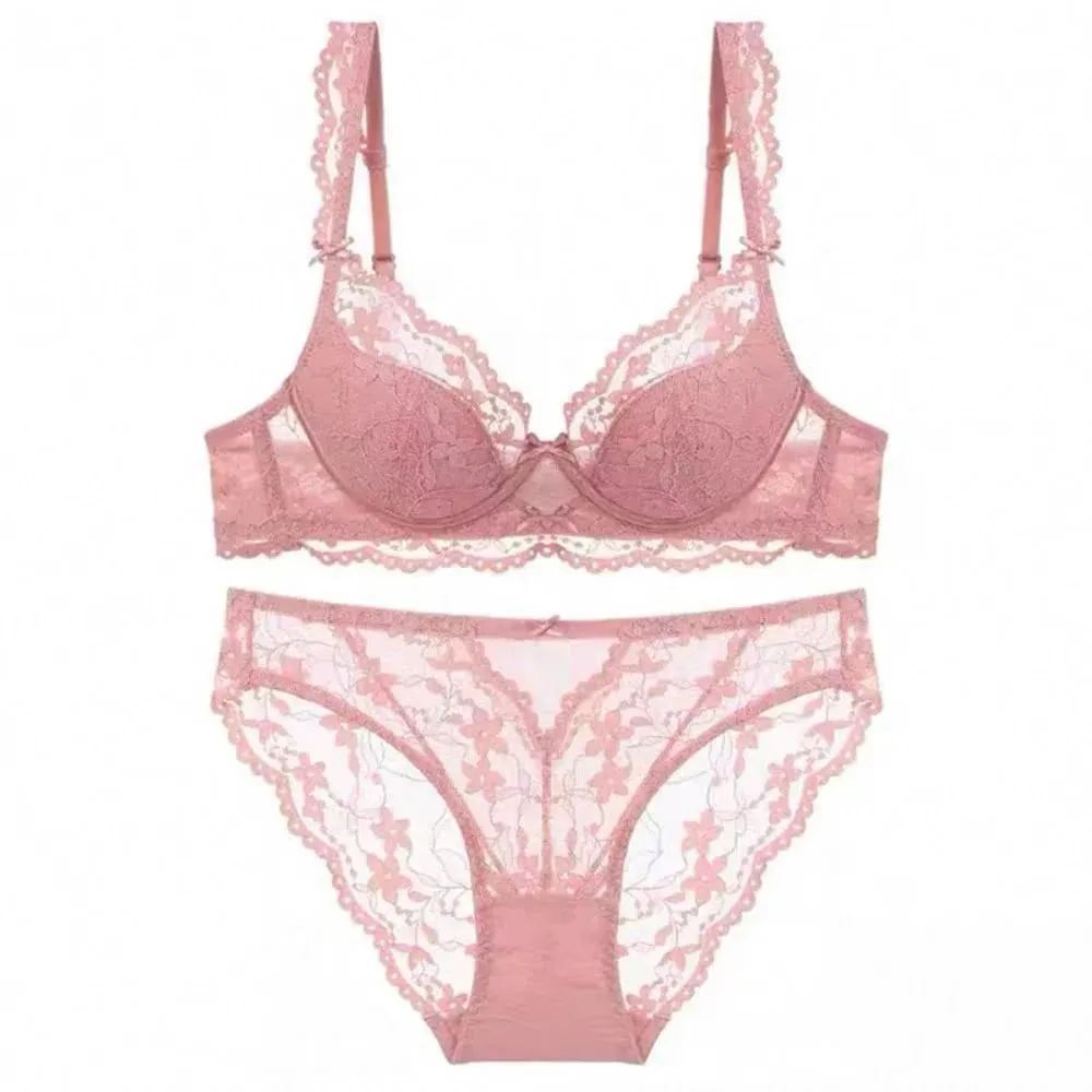 French Flutter Sleeve Lace Women Set Podprsenka Měkká kostice Tenká Prodyšná Sexy Minimizer Krása zadní prádlo 32‑38 AB