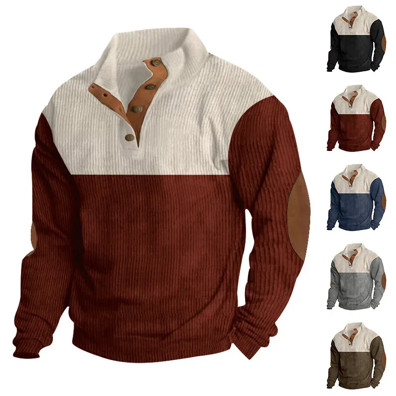 Men's Hoodies Spring And Autumn Corduroy Casual Patchwork Stand Collar Button Sports Hoodie Man Clothing — image 2