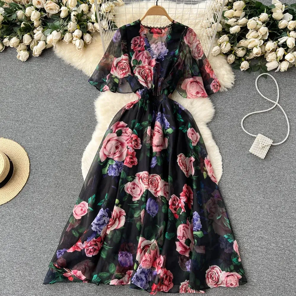 Retro Print Elegant Ruffle Short Sleeve V Neck Dress A-line Casual High Waist Women Summer Dresses — image 2