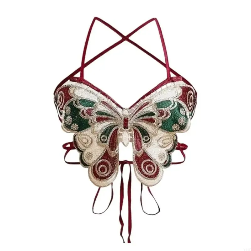Y1AC Women Strappy Backless Beach Crop Top Butterfly Embroidery Halterneck Camisole — image 8