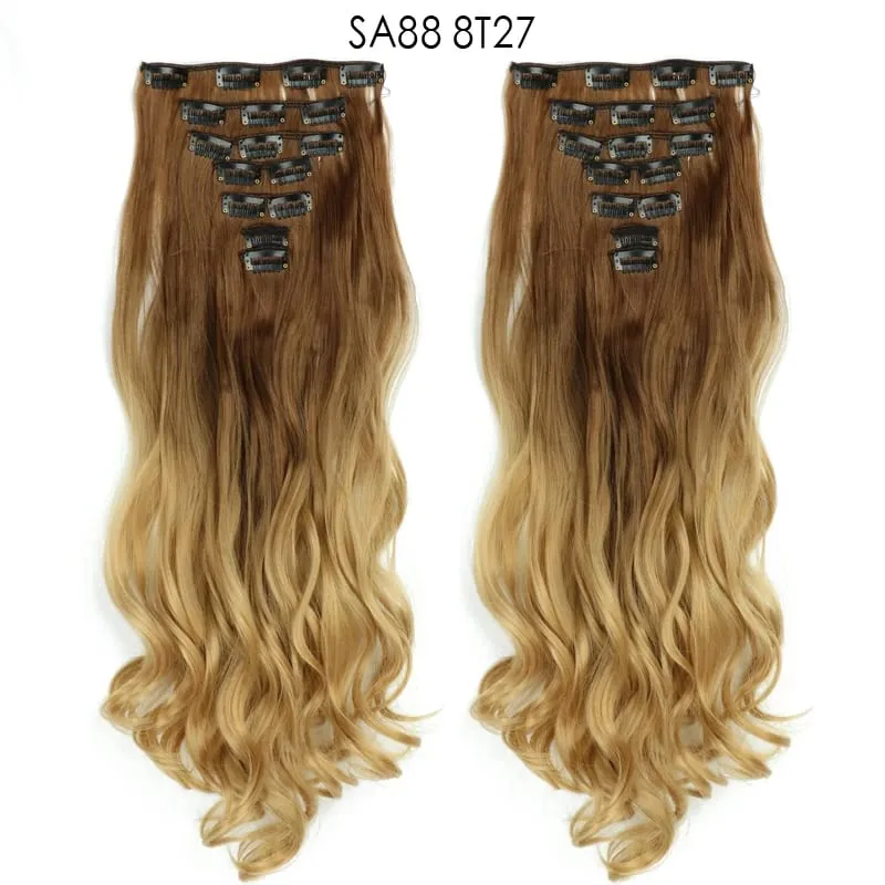 Clip in Long Wavy Synthetic Hair Extension 22 Inch Black 7PCS Thick Hairpieces Fiber Double Weft Hair for Women