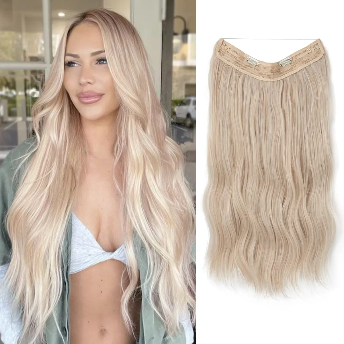 Synthetic Wave Invisible Wire With Clips Hair Extensions Fish Line Natural Blonde Clip In Hairpiece Fake Hair Piece — image 16