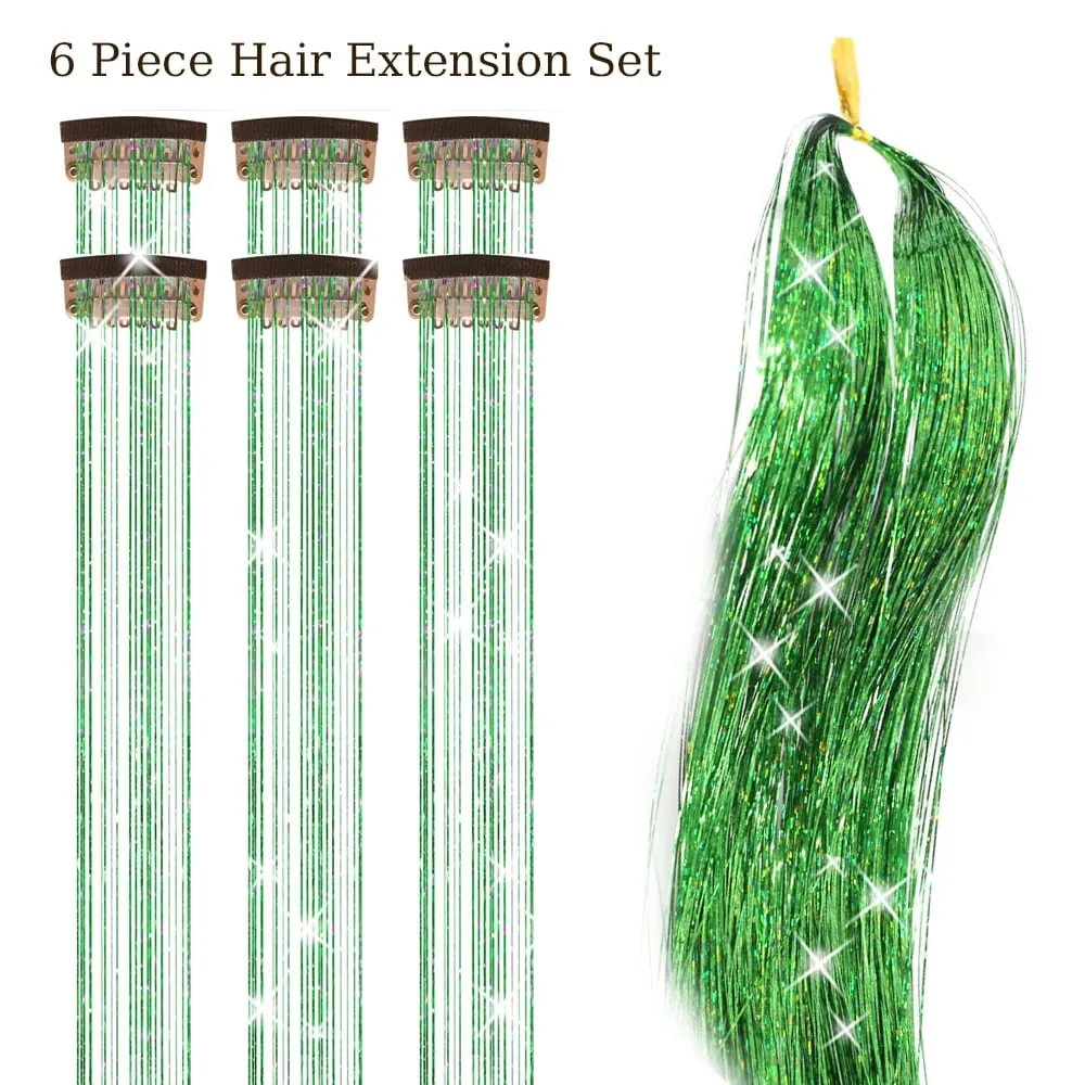 Balení 6ks Clip In Tinsel do vlasů 20palcový barevný třpytivý Tinsel Prodlužování vlasů Festivalový dárek Tinsel Fairy Hairpiece