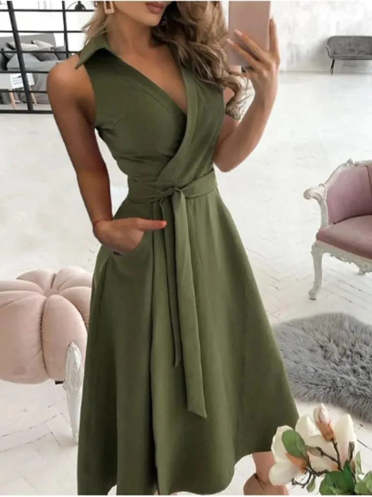 Robe à lacets pour femmes, col en v, manches courtes, couleur unie, poches, élégante, mode bureau, Style de déplacement, été — image 4