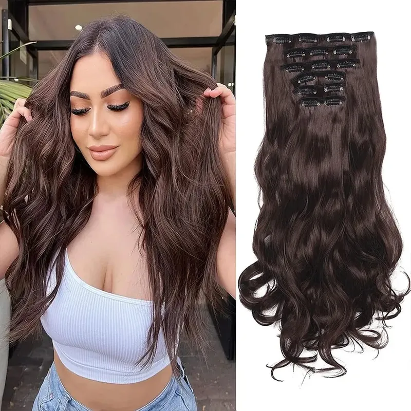 Clip-in-Haarverlängerung, lang, gewellt, Kunsthaar, 61 cm, Schwarz, 6 Stück, dicke Haarteile, Faser-Doppelschusshaar für Frauen — image 9