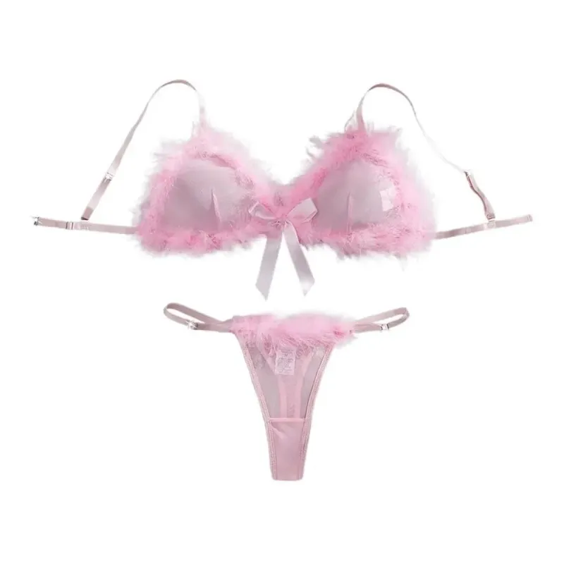 Furry Women's Underwear Mesh Transparent Bow Decor Lingerie Set Romantic Intimate Wireless Bra Panties Suit Anniversary