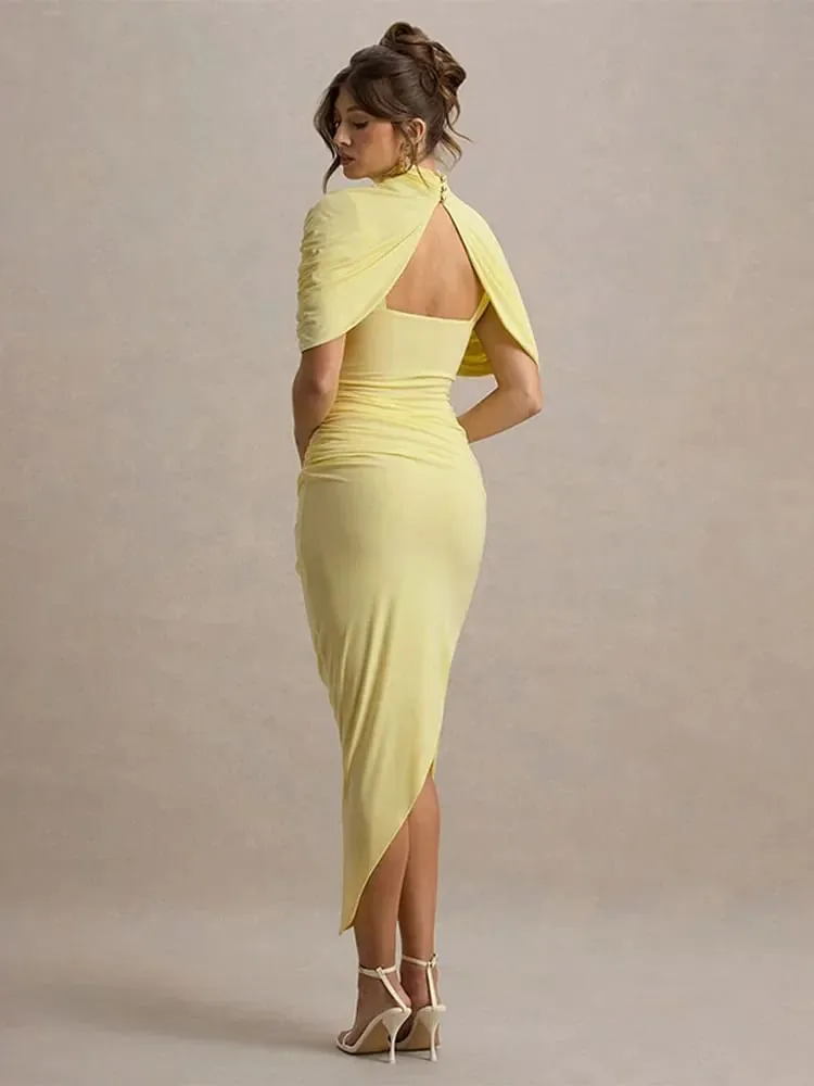 Irregular Pleated Ruched Maxi Dress Women's Backless Turtleneck Slim High Waist Robes Summer Lady Chic Street Vestidos 2025 New — image 3