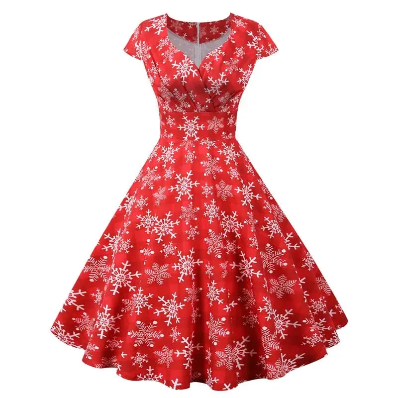 Mode V-ausschnitt Kurzarm Gedruckt Weihnachten Kleid Große Schaukel Vintage Elegante Weihnachten Party Kleid — image 2