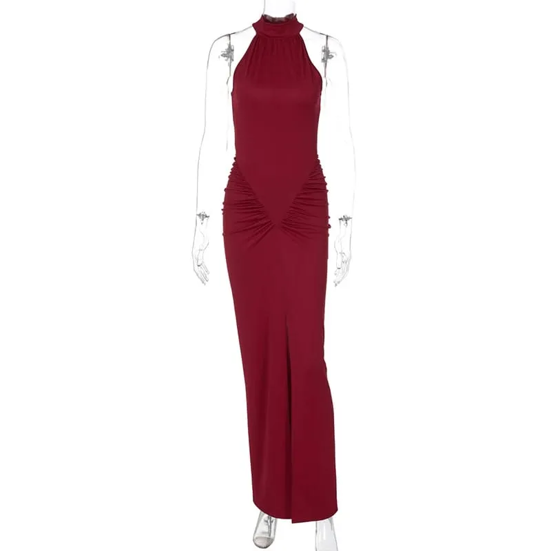Sleeveless Halter Ruched Maxi Dress For Women Sexy Slit Solid Bodycon Dress High Street Female Evening Party Long Dress — image 7
