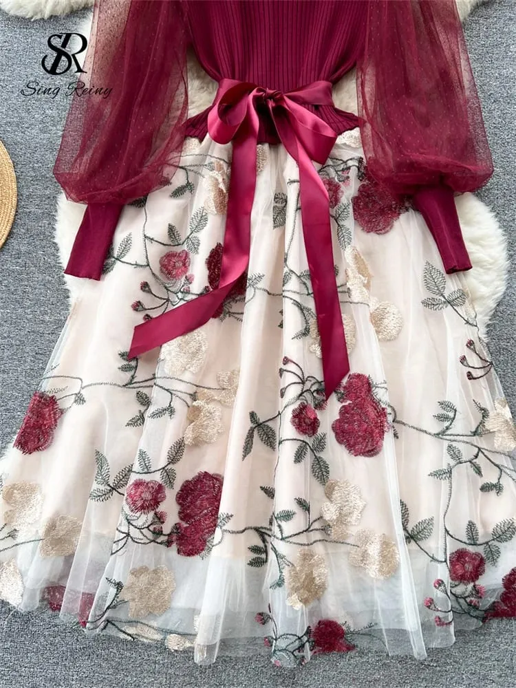 Senior Knitted Patchwork Dress Long Lantern Sleeves Bow Mesh Embroidery Floral Women Autumn France Elegant Party Dress