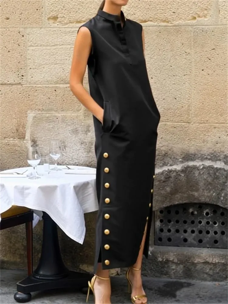 Yeezzi Women Fashion Split-Side Buttoned Stand Collar Evening Dresses 2026 New Sleeveless Solid Color H-Line Casual Shirts Dress — image 3