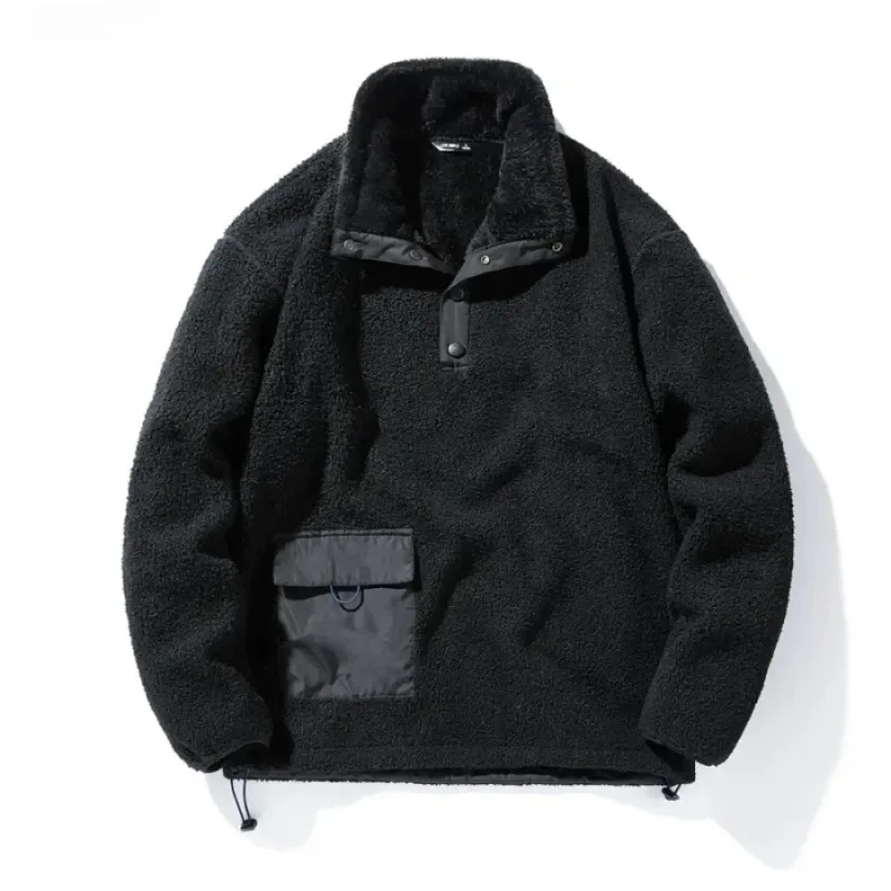 New Men's Sweatshirts Fashion Patchwork Pocket Fleece-lined Warm Pullover Tops Male Polar-fleece Loose Casual Hoodies Coats — image 6