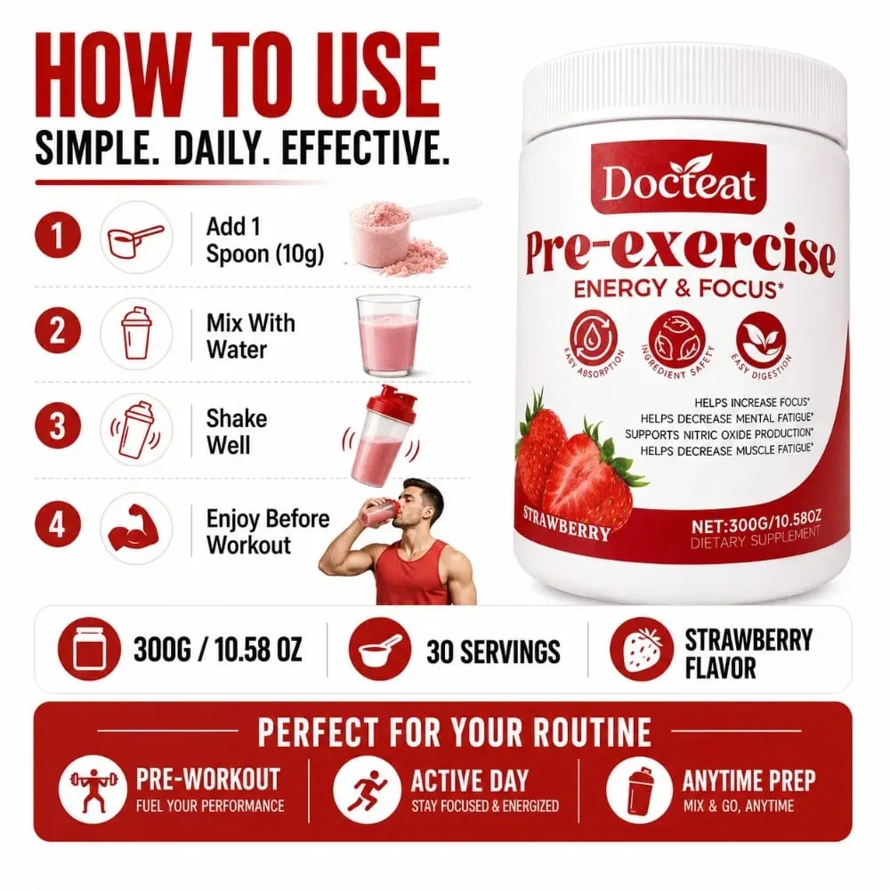Docteat Pre Workout Powder Strawberry Energy & Focus Support Beta-Alanin L-Citrullin Rhodiola 300 g 30 Portionen Getränkemischung — image 6