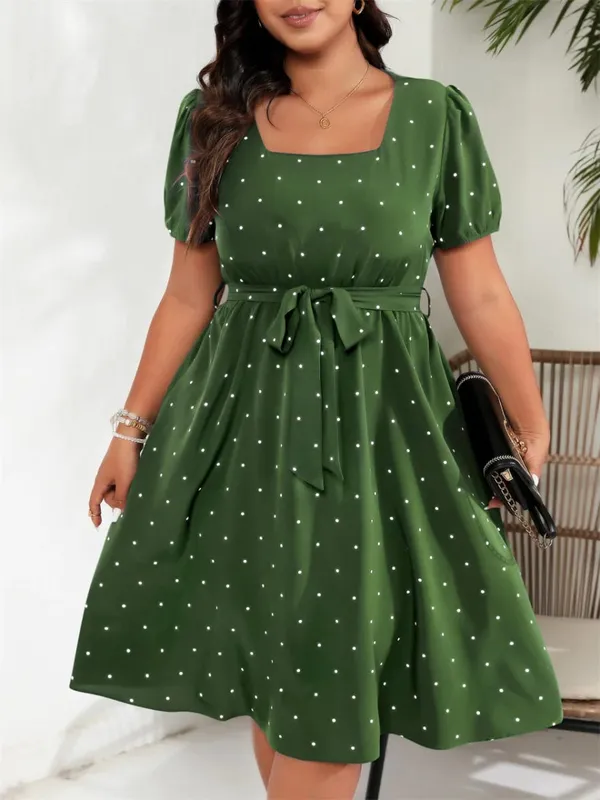 Plus Size Square Neck Polka Dot Bæltekjole Dame Elegant Retro Pufærmer Højtalje Sommer A-line Big Swing Kjoler — image 4