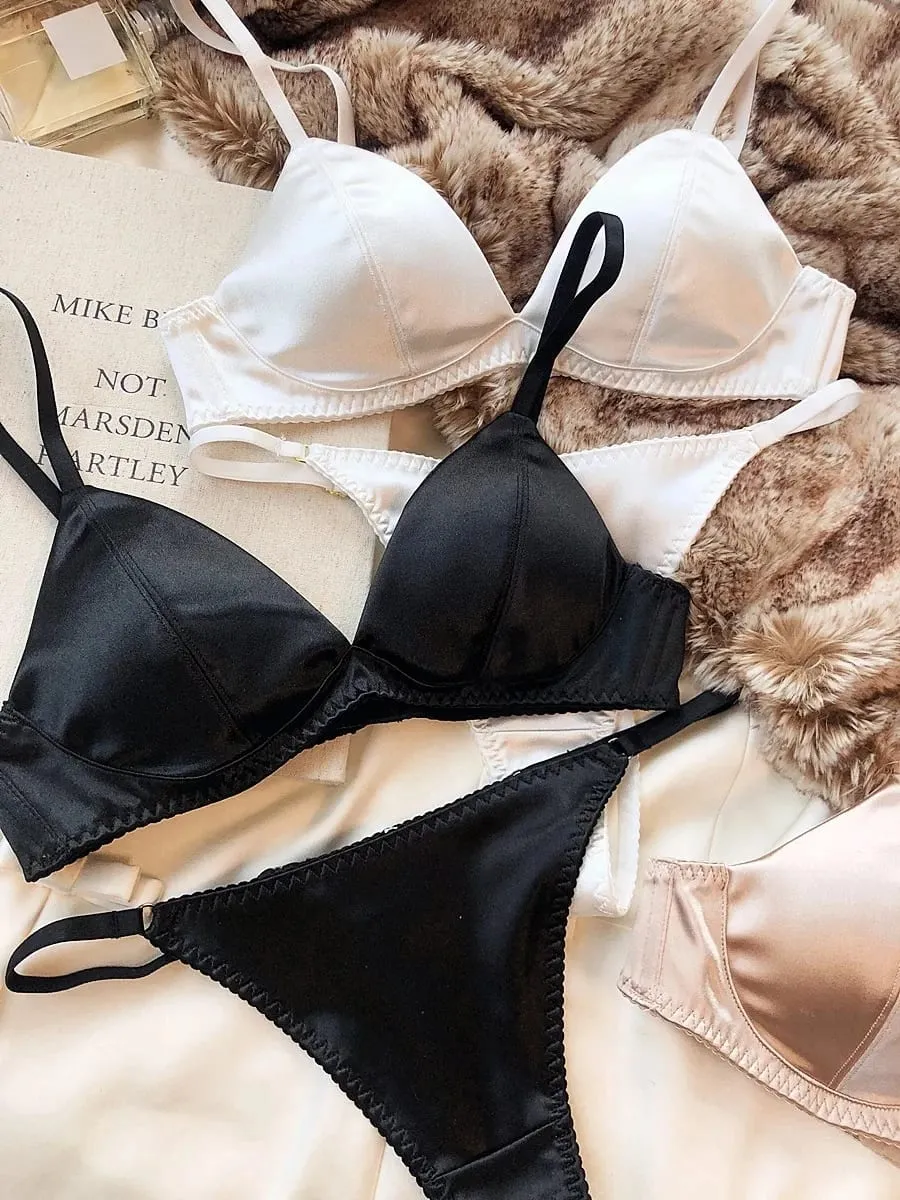 Summer Women Underwear Set Sexy Silken Triangle Cup Wireless Bras French Bralette Seamless Intimates Bra and Thong Lingerie Set — image 3