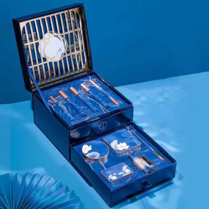 10pcs/set Chinese Style Jade Hibiscus Make Up Gift Box Ten-piece Birthday Gift Carved Lipstick Makeup Set For Makeup Cosmetics