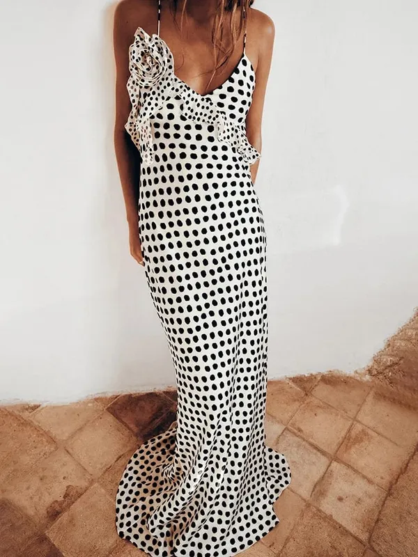 MO Sexy Backless Print Dots Flower Women Maxi Dress Spaghetti Strap Evening Dress Autumn Skinny Elegant Party Clubwear