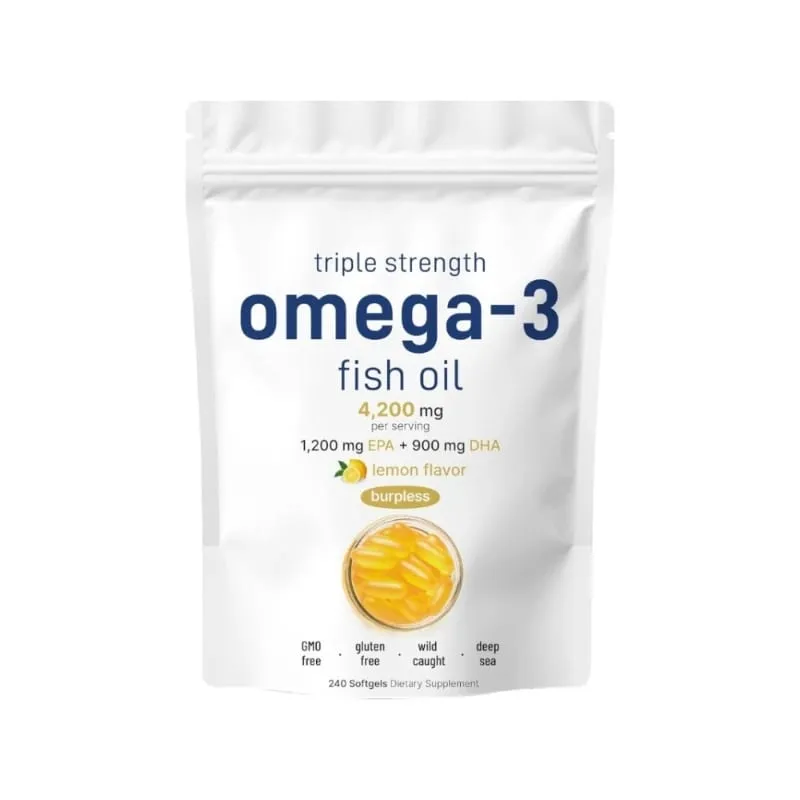 Suplementos de óleo de peixe ômega 3 de força tripla 4200 mg Burpless com sabor de limão EPA 1200 mg DHA 900 mg 240 cápsulas gelatinosas — image 9