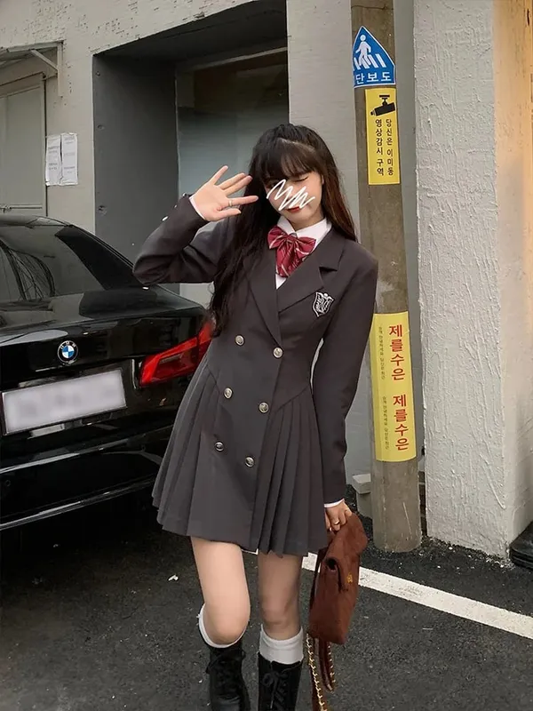 Sweet Style Suit Dress Korean Drama Main Character Waist Cinched Beautiful Skirt College Style High Waist Double Breaste... — image 9