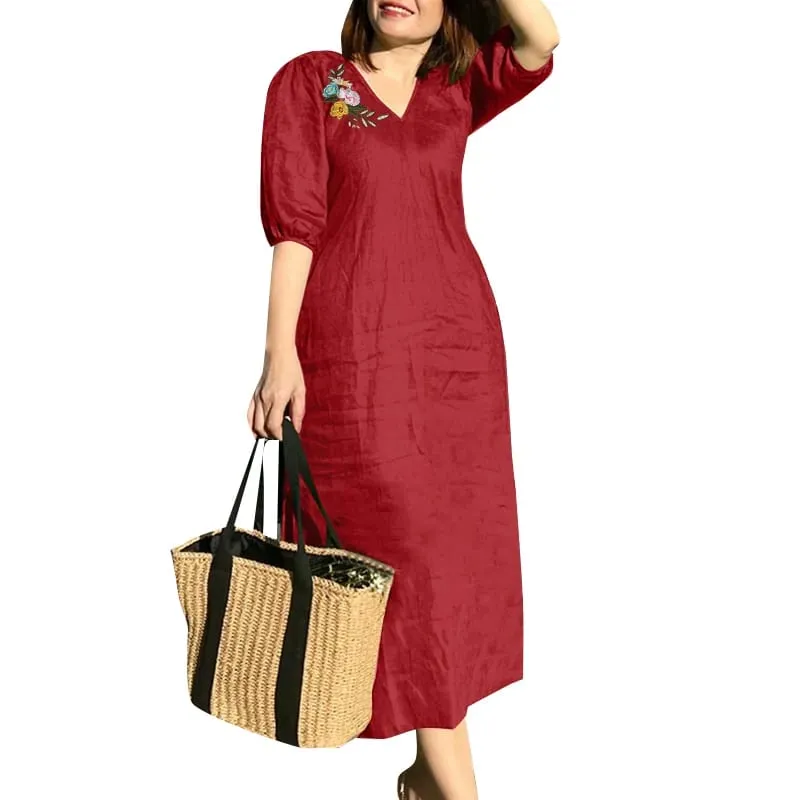 Women V Neck A-line Vestidos Solid Holiday Casual 2024 Summer Dresses Commute Half Sleeve Floral Embroidery Midi Dress